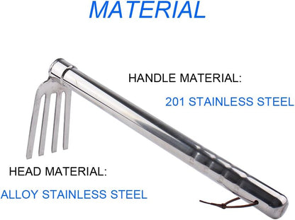 Stainless Steel Garden Cultivator Metal Hand Weather Resistant Hand Tool 15-Inch Lightweight 4 prongs Rake for Weeding Seeding Turning Soil