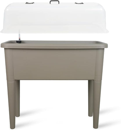 Dexceder 13.2 Gallon Self Watering Raised Garden Bed with Ventilation Transparent Lid Greenhouse, Deepen Vegetable Flower Box Planter Pot with Removeble Legs&Water Level Indicator (Light Brown)