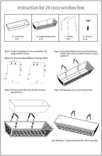2 Set Deck Railing Planter Box 24" Black Metal Garden Trough Deck Planter English Horse Trough Window Box with Coco Liners