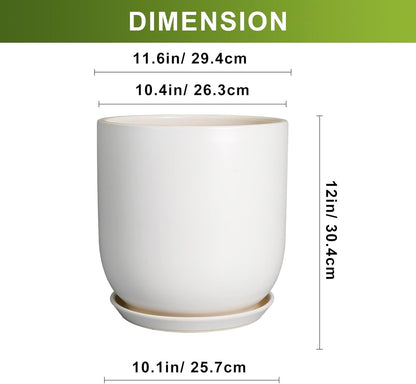 Plant Pot 12 inch - Ceramic Pot for Plants Indoor Outdoor Large Planter Pot with Drainage Hole and Saucer Mid-Century Modern Flower Pot Cylinder White