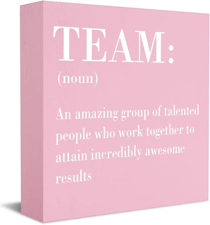 HTBIG Inspirational Team Noun Office Decor Desk Decor Wooden Box Sign Rustic Pink Wood Block Plaque Box Sign for Home Office Desk Shelf Table Decoration Coworker Gift Team Definition Teamwork Sign