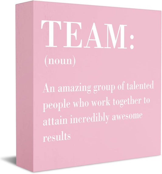 HTBIG Inspirational Team Noun Office Decor Desk Decor Wooden Box Sign Rustic Pink Wood Block Plaque Box Sign for Home Office Desk Shelf Table Decoration Coworker Gift Team Definition Teamwork Sign
