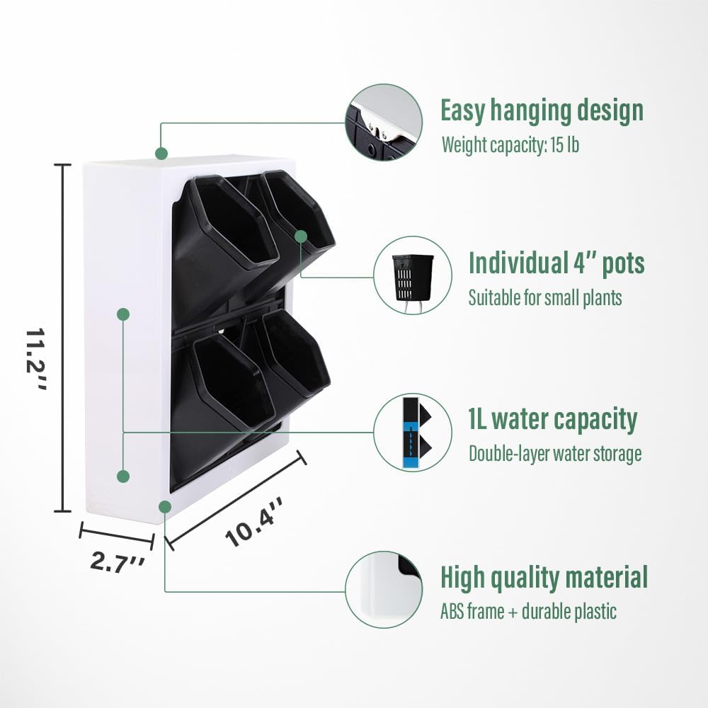 Self Watering Wall Planter with 4 Pots - Easy to Create Indoor Living Wall for Home, Office and Shop Front - Includes Water Gauge (White)