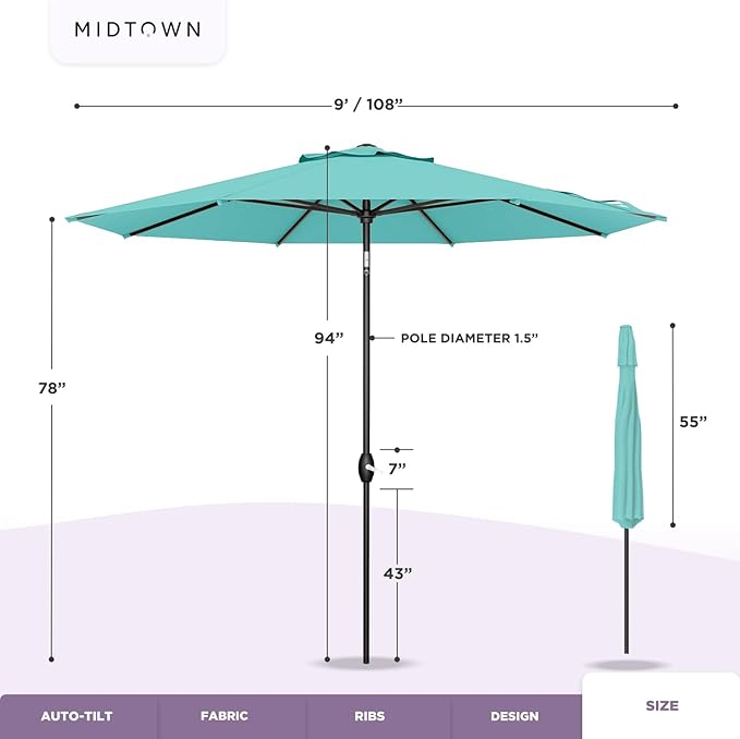 Midtown Umbrellas Sunbrella Umbrella 9 Feet Outdoor Umbrella With Sunbrella Bay Brown Acrylic Fabric - Auto-Tilt Aluminum Frame Patio Umbrella For Backyard, Deck, Garden, Pool - Black Pole