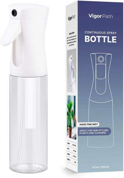 VIGOR PATH Continuous Mist Spray Bottle – Fine Mist Sprayer for Hair, Plants, Cleaning & Beauty – Refillable & Reusable Water Spray Bottle (Clear, 10oz)