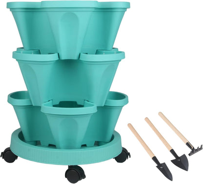 DUNCHATY Stackable Planter, Vertical Garden Planter with Wheels and Tools, Self Watering Strawberry Planter Indoor/Outdoor 3 Tier Herb Planter Pots for Growing Vegetables and Succulents, Teal