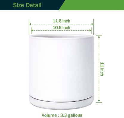 Kazeila 12 Inches Ceramic Planter Pot - Saucer and Drainage Hole - Full Glazed - Matte White