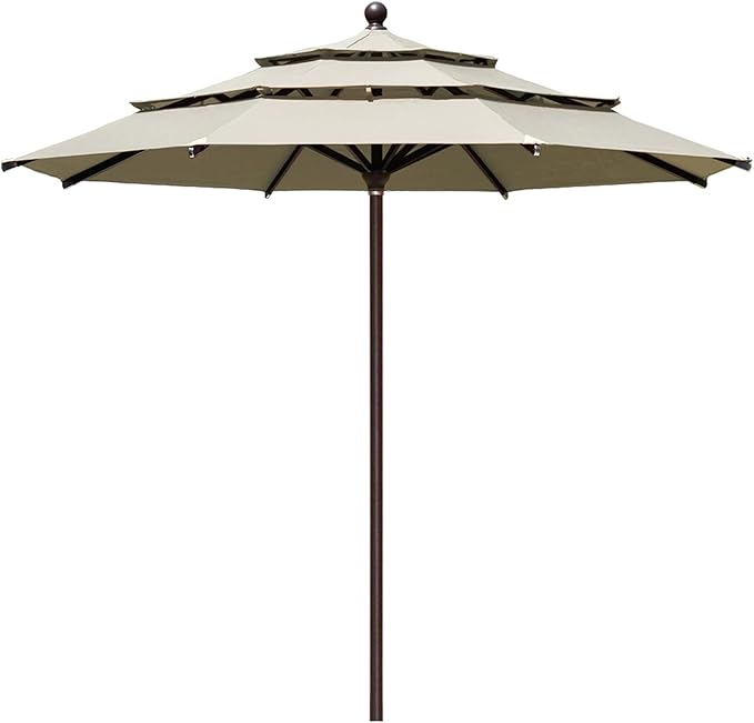 EliteShade USA 10-Year-Non-Fading 11Ft 3 Tiers Patio Market Umbrella Outdoor Cylinder Auto Push-up Table Umbrella with Ventilation, Antique Beige