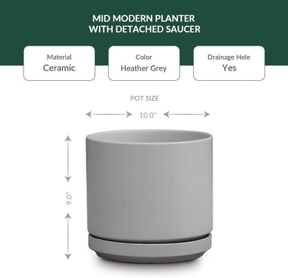 Ceramic Mid Modern Planter Pots with Detached Saucer - Indoor/Outdoor Plant Pots with Drainage Hole