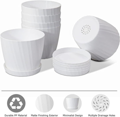 7 Inch Plant Pots Bulk, 6 Pack Plastic Planters with Drainage Holes and Saucers for Indoor Outdoor House Plants and Flowers, White