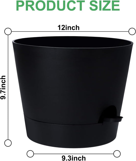 12 Inches Indoor Self Watering Planters with Drainage Holes and Saucers, 4 Pack (Black)