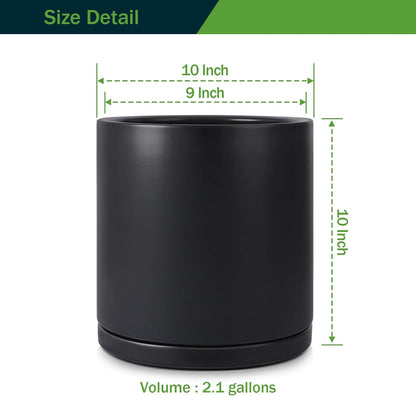 Kazeila Plant Pots Ceramic Planter for Indoor Outdoor Plants Flowers 10 Inch Matte Black Large Cylinder Flower Pot with Saucer and Drainage Hole,Glazed Finish Interior and Exterior