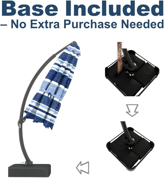 Acrylic Fabric 11FT Cantilever Umbrella with Base Large Curvy Outdoor Aluminum Offset Umbrella w/ 360° Rotation, UV Resistant Canopy for Patio, Garden, Backyard, Blue Stripes
