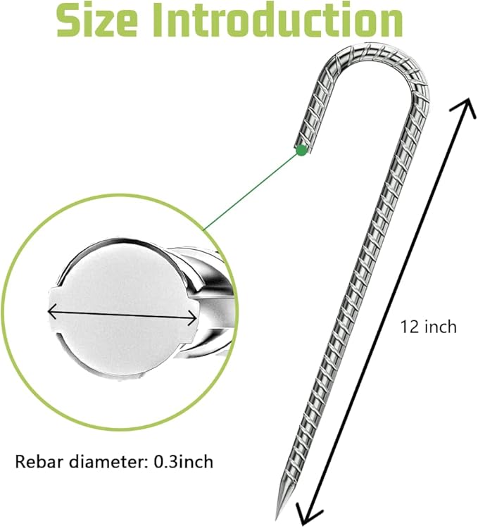 Rebar-Stakes-12-Inch, Ground Stakes Heavy Duty J-Hook Galvanized Anti-Rust Heavy Duty Ground Anchors for Garden Dog Fence Chicken Coop Christmas Decorations Deer Fence 12pcs