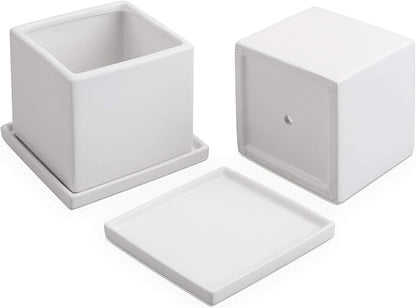 MyGift Modern White Ceramic Small Plant Pot, Decorative Square Flower Succulent Planter, Set of 2