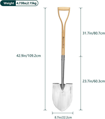 Berry&Bird Shovels for Digging, 43’’ Round Spade Heavy Duty Shovel with Wooden D Handle Stainless Steel Snow Shovel Garden Shovel Yard for Transplanting & Outdoor