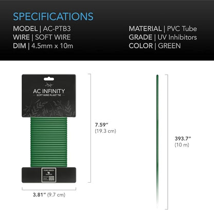 AC Infinity Soft Twist Ties, 10m (32.8 ft.) All-Purpose Reusable Green Wire Plant Ties, for Gardening, Plant Support, and Home Office Organization