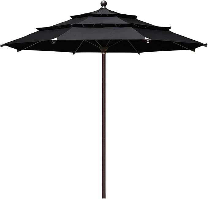EliteShade USA 10-Year-Non-Fading 11Ft 3 Tiers Market Umbrella Patio Outdoor Cylinder Auto Push-up Table Umbrella with Ventilation, Black