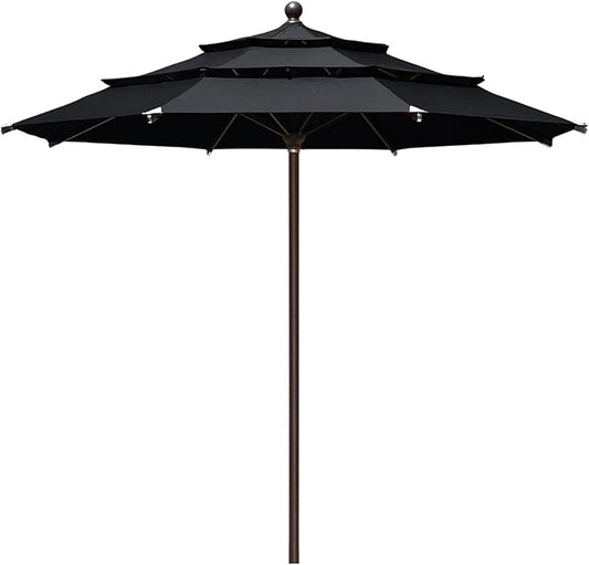 EliteShade USA 10-Year-Non-Fading 11Ft 3 Tiers Market Umbrella Patio Outdoor Cylinder Auto Push-up Table Umbrella with Ventilation, Black
