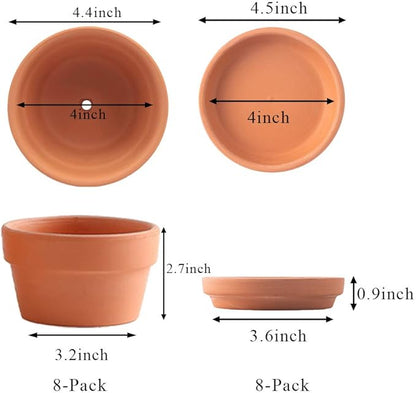 Yishang 4.4 Inch Shallow Terracotta pots with Saucer/Tray,Ceramic Clay Cactus/succlent Container with Drain Hole,Small unglazed Planter for Indoor/Outdoor Plants, Crafts