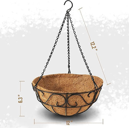 2 Pack Metal Hanging Planter Basket with Coco Coir Liner Chain Round for Garden Decoration Porch Indoor Outdoor (S Shape)