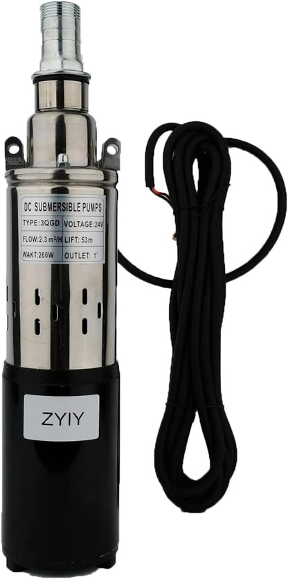 24V Stainless 3 Inch Bore 260W Solar DC Submersible Deep Well Pump Max.flow:2300L/h Max.H Lift 173.9ft Water Well Pump for Garden/Agricultural/Irrigation