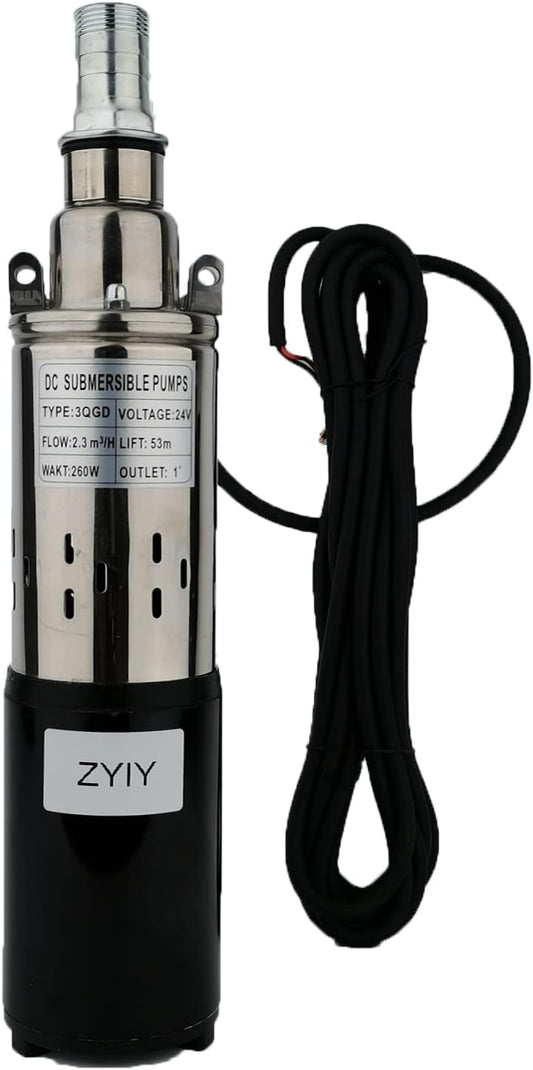 24V Stainless 3 Inch Bore 260W Solar DC Submersible Deep Well Pump Max.flow:2300L/h Max.H Lift 173.9ft Water Well Pump for Garden/Agricultural/Irrigation