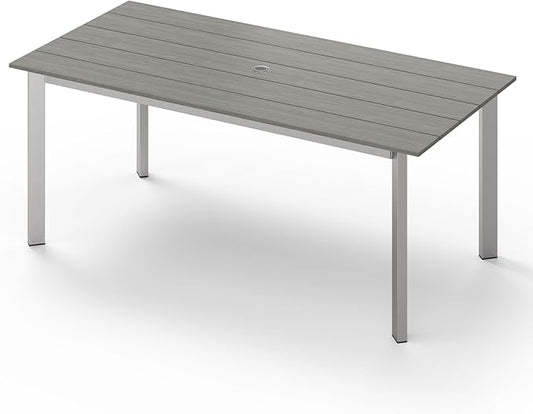67" Rectangle HDPS Patio Dining Table, Aluminum Outdoor Patio Dining Table with Umbrella Hole, Weather-Resistant for Lawn, Garden, Yard, Poolside and Indoor Use, Silver & Gray