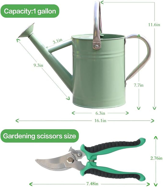 Metal Watering Can, One Gallon Watering Cans Stainless Steel for Outdoor Indoor Garden Plants Watering (Cream Green and Garden Scissors)