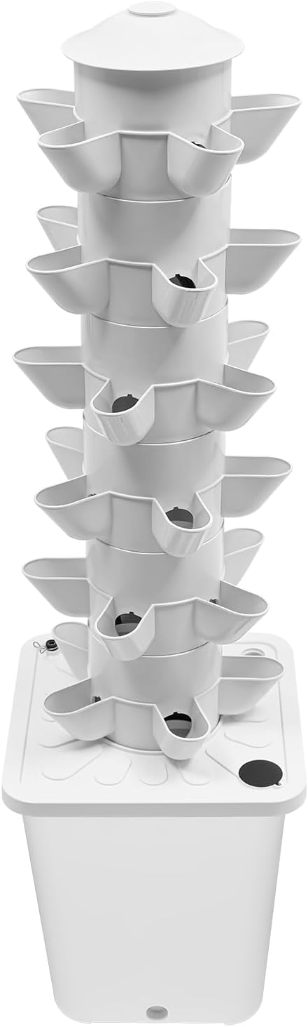 Hydroponics Tower Garden Vertical Growing System Kit, 30-Plant Indoor Gardening Planter Germination Kit with LED Grow Light & Water Pump for Herbs & Vegetables, 2.64Gal White Water Tank