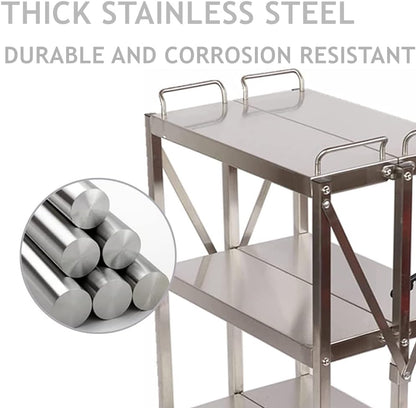 tonchean 3 Shelf Stainless Steel Folding Utility Cart, Collapsible Serving Cart with Wheels, 300lbs Commercial Kitchen Trolley Cart for Restaurant Hotels 25”L x 15.8”W x 37.8”H