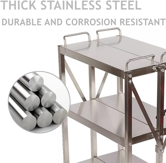 tonchean 3 Shelf Stainless Steel Folding Utility Cart, Collapsible Serving Cart with Wheels, 300lbs Commercial Kitchen Trolley Cart for Restaurant Hotels 25”L x 15.8”W x 37.8”H