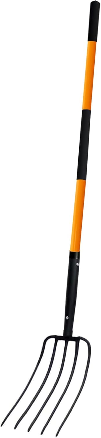 Pitch Fork-58 Inch，5-Tine Steel Garden Fork Heavy Duty, Mulch with Cushion Grip, Orange Fiberglass Handle
