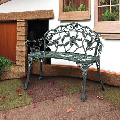 VINGLI 38.5" Patio Park Garden Outdoor Metal Rose Bench,Cast Iron Cast Aluminium Frame Antique Finish Chair,Accented Lawn Front Porch Path Yard Decor Deck Furniture for 2 Person Seat（Green&Black