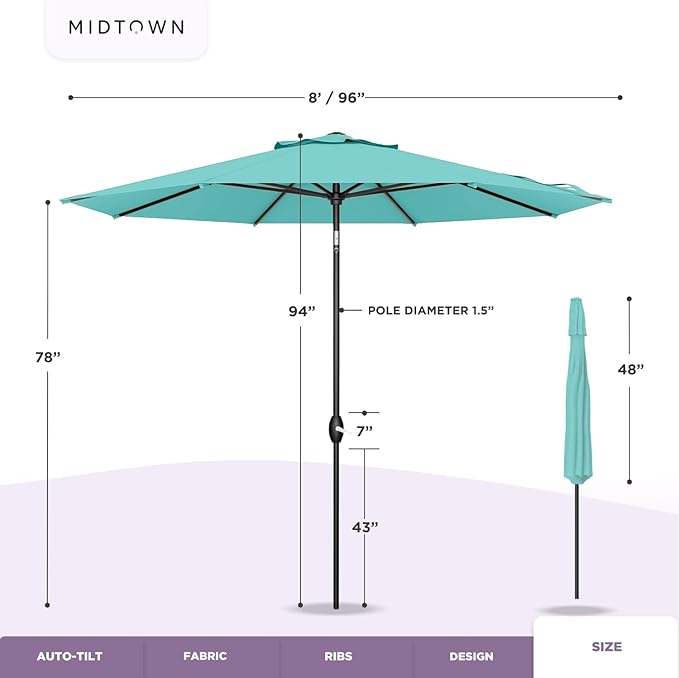 Midtown Umbrellas Sunbrella Umbrella 8 Feet Outdoor Umbrella With Sunbrella Red Acrylic Fabric - Auto-Tilt Aluminum Frame Patio Umbrella For Backyard, Deck, Garden, Pool - Black Pole