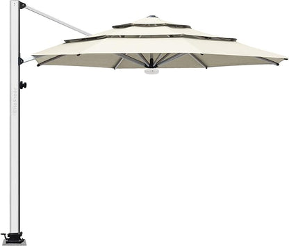 EliteShade USA APOLLO 3-Tier 11FT Full Aluminum Cantilever Patio Umbrella for Outdoor restaurant Garden Courtyard Deck Pool and Marketing with Light (No battery),Natural