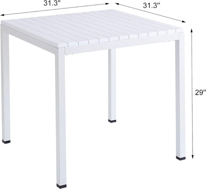 Plastic Outdoor Dining Table with Metal Legs, Weather Resistance, Home Patio Table, Restaraunt Outdoor Table, Quick Assembly (White)