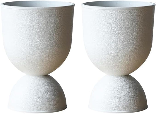 Lookat Modern Hourglass Planter, Indoor Decorative Plastic Plant Container, Textured Metal Look, Contemporary Home Garden Pot (White, CUP001)