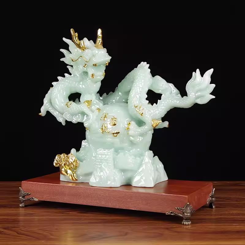 12.2 INCH Chinese Feng Shui Dragon Lucky Jade Color Figurine Statue for Luck & Success,Home Office Bookshelf Desk Decor,Green