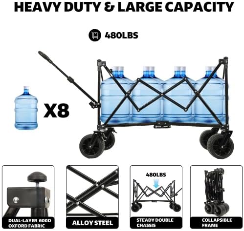 【LuckyNote】 Collapsible Foldable Extended Wagon with Canopy,480lbs Weight Capacity, Heavy Duty Folding Utility Garden Cart with Big All-Terrain Beach Wheels & Drink Holders,Side Pocket and Brakes