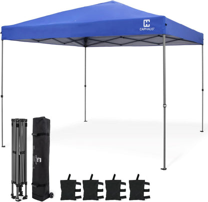 CAPHAUS 12ft x 12ft Patented One-Push Pop Up Outdoor Canopy Tent, Heavy-Duty Commercial Grade w/Central Lock, Portable and Instant Folding Shelter with Wheeled Carry Bag and Weight Bag, Blue