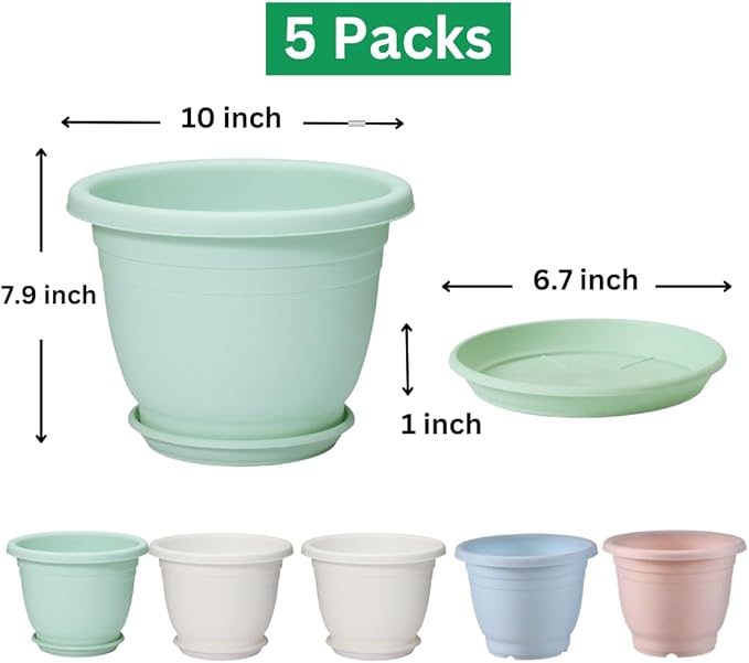 5 Packs 10 inch Plant Pots + Saucer, Planters for Indoor & Outdoor Plants with Drainage Holes | Plastic Flower Pots, Large Planter (Colorful, 10 inch)