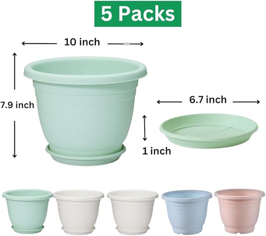 5 Packs 10 inch Plant Pots + Saucer, Planters for Indoor & Outdoor Plants with Drainage Holes | Plastic Flower Pots, Large Planter (Colorful, 10 inch)