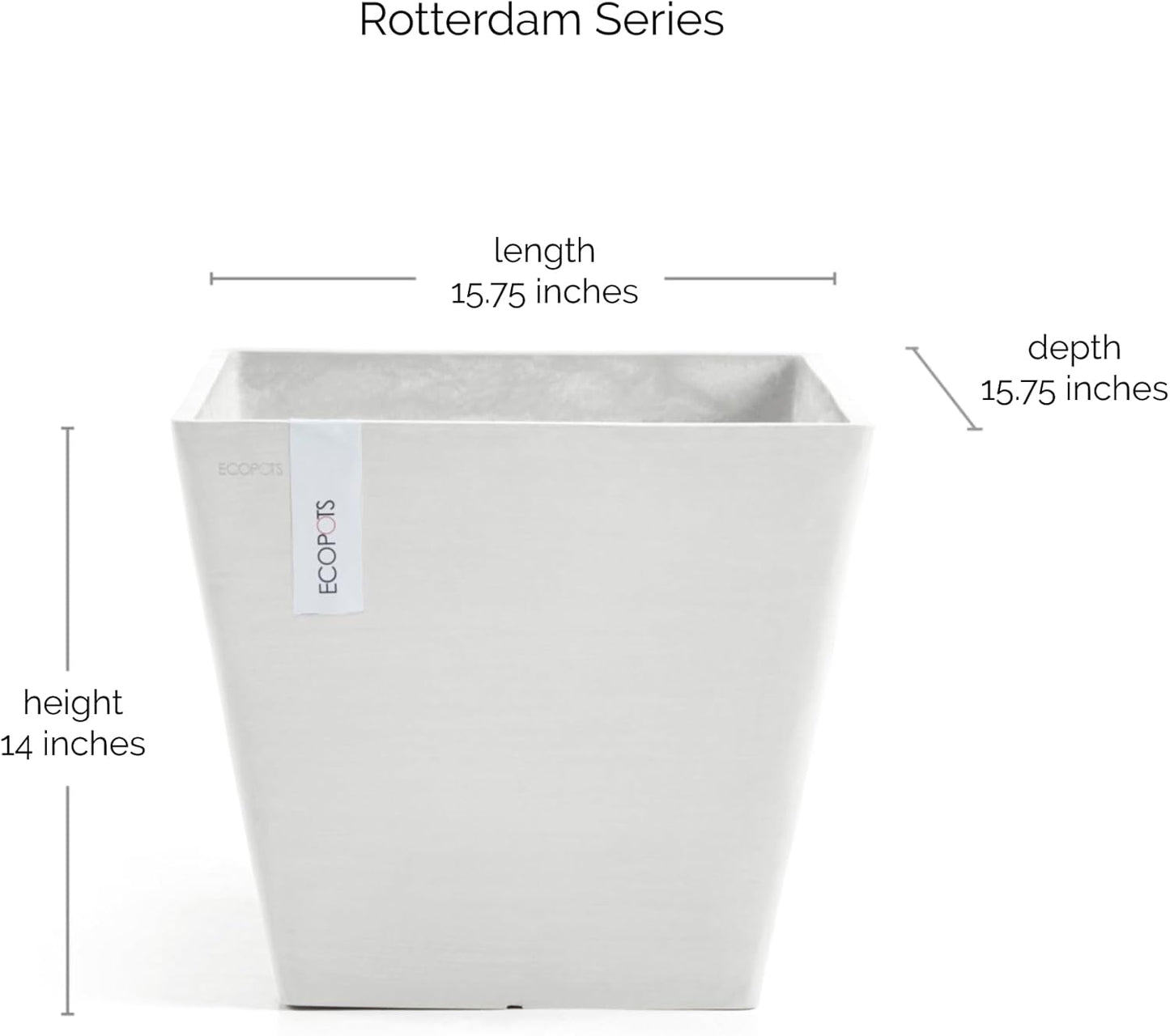 Ecopots Rotterdam Durable Modern Square Indoor/Outdoor Recycled-Based Composite Flower Planter, Pure White, 15.75"