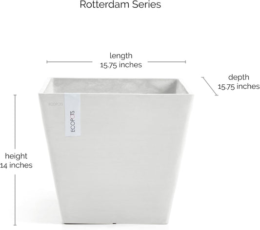 Ecopots Rotterdam Durable Modern Square Indoor/Outdoor Recycled-Based Composite Flower Planter, Pure White, 15.75"
