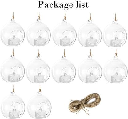 12 Pcs 3.15"/ 8cm Hanging Glass Tealight Holder Globe with LED Tealight, Plant Terrariums Glass Orbs Air Plants Tea Light Candle Holders Home Decor Indoor Outdoor Garden DIY Gifts (12 Pcs)
