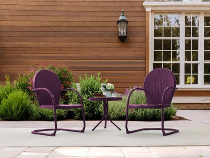 Patio Bistro Set Retro Metal Outdoor Seating Conversation 3 Pieces, 2 C-Spring Motion Armchairs and Round Side Table, for Porch, Lawn, Garden, Purple