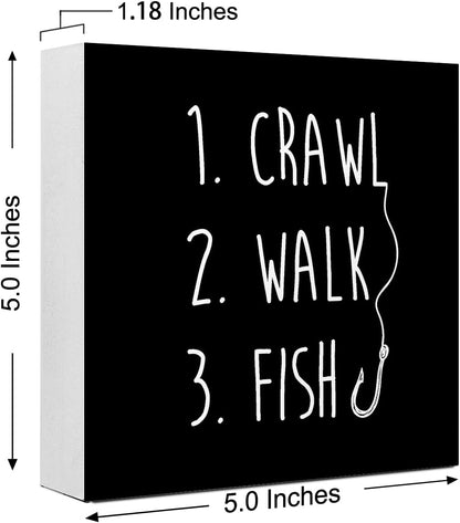 Black Crawl Walk Fish Rustic Wooden Sign, Funny Baby Fishing Wood Block Desk Decor for Home Bedroom Baby Room Shelf Table