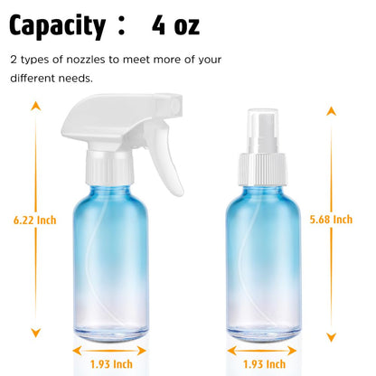 Tecohouse Glass Spray Bottles 4 oz, 2 Pack Spray Bottles for Hair Empty Refillable Fine Mist Sprayer with Labels, Funnel, Pipettes Blue