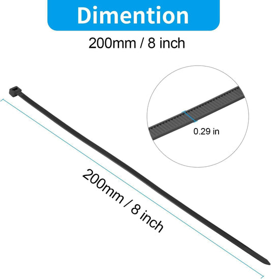 XINGO 8 Inch Black Zip Ties Heavy Duty 100 Pack, 120 LBS Tensile Strength, Premium Nylon Cable Wire Ties, Self-locking Plastic Ties for Indoor and Outdoor Use